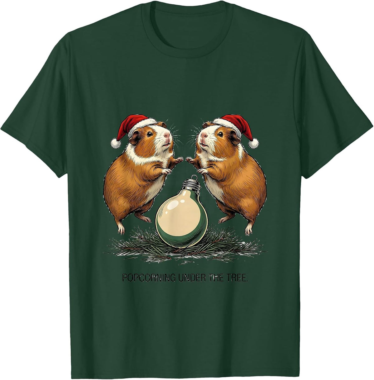 Men's Popcorning Under The Tree Funny Guinea Pig Christmas Santa T-Shirt - Dark Green