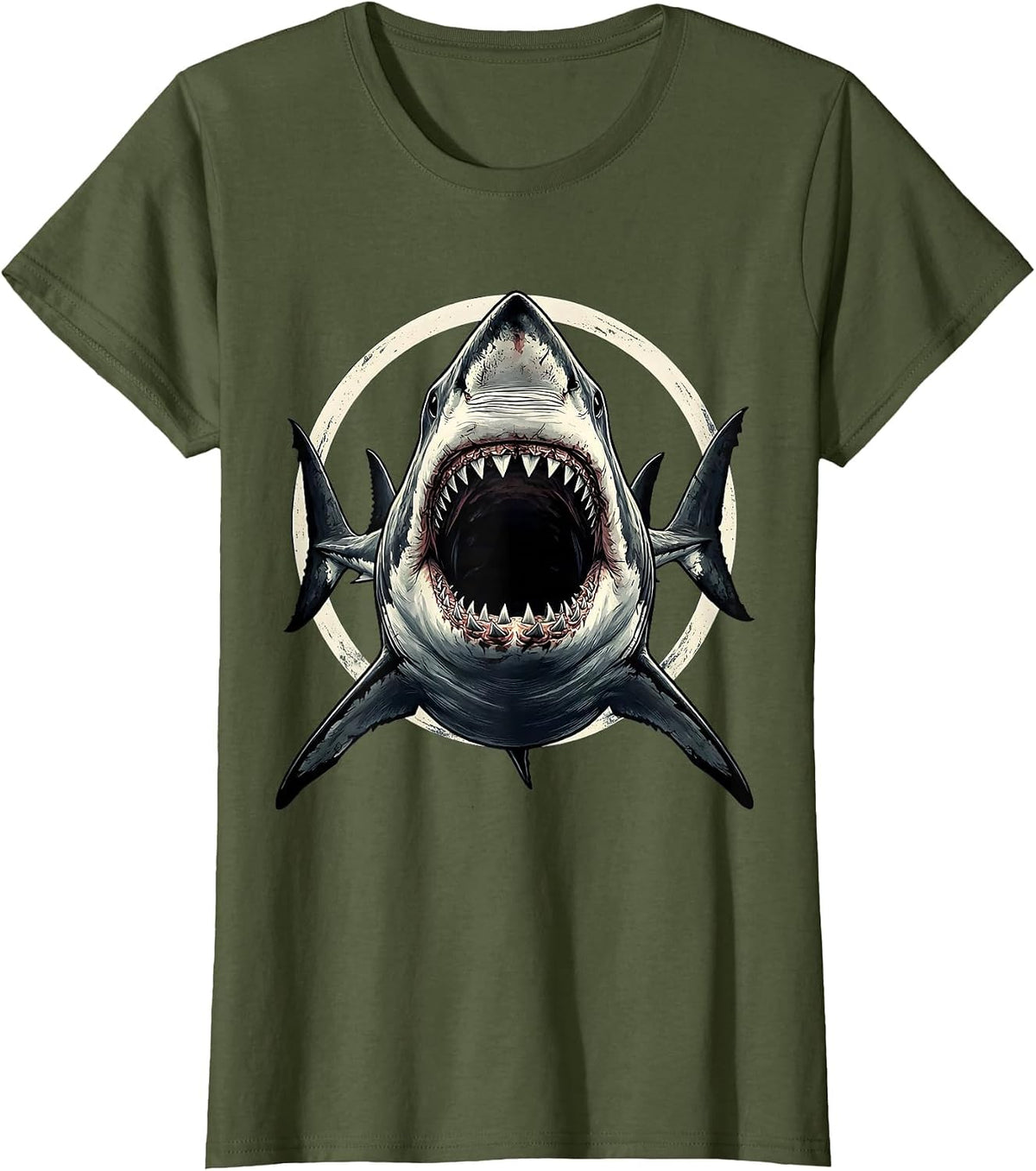 Women's Vintage Shark Jaw Attack Graphic Tee T-Shirt - Olive Green