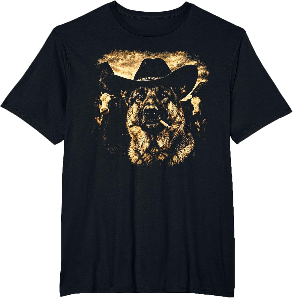 German Shepherd Western Graphic Cowboy Dog Smoking T-Shirt - Black