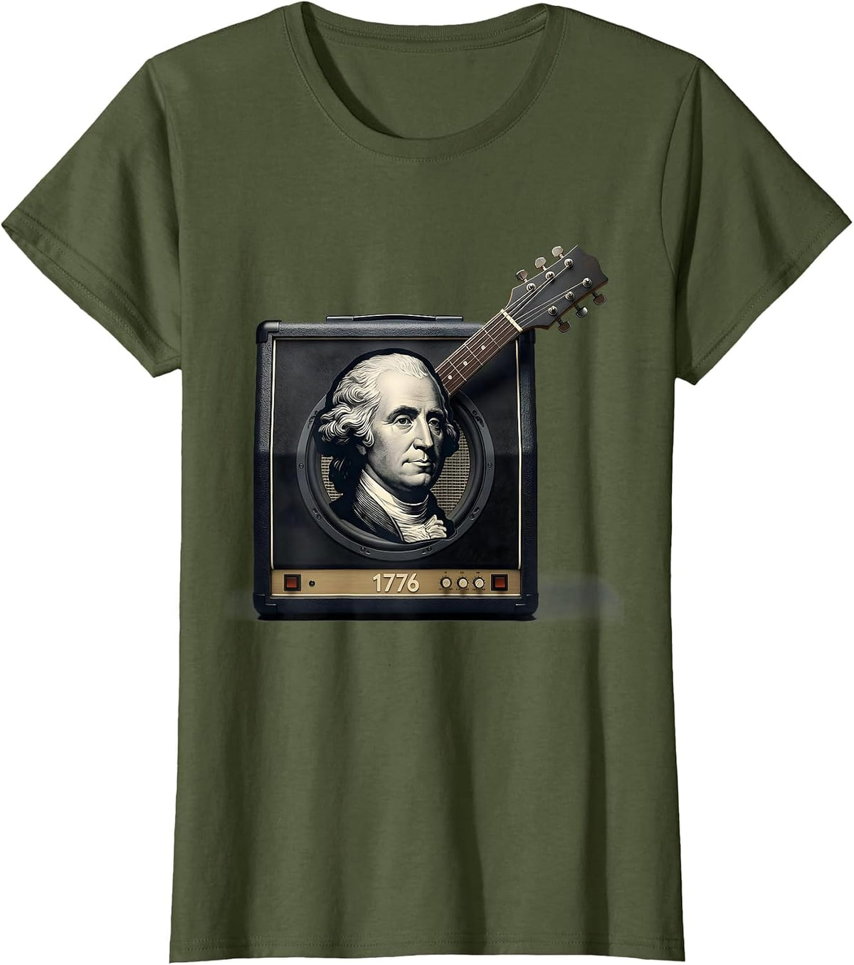 Women's 1776 Editorial Conceptual Patriotic Guitar Rocker 250th T-Shirt - Olive Green