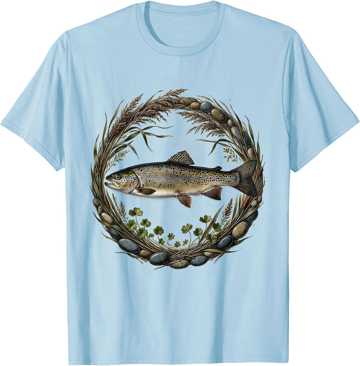 Men's Trout Swimming Upstream Rocky Waterfall Design T-Shirt - Baby Blue