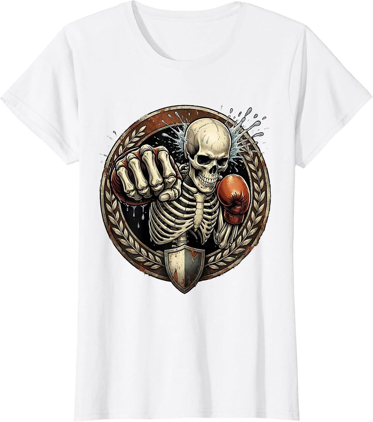 Skeleton Boxer Mid-Punch Graphic Design T-Shirt - White