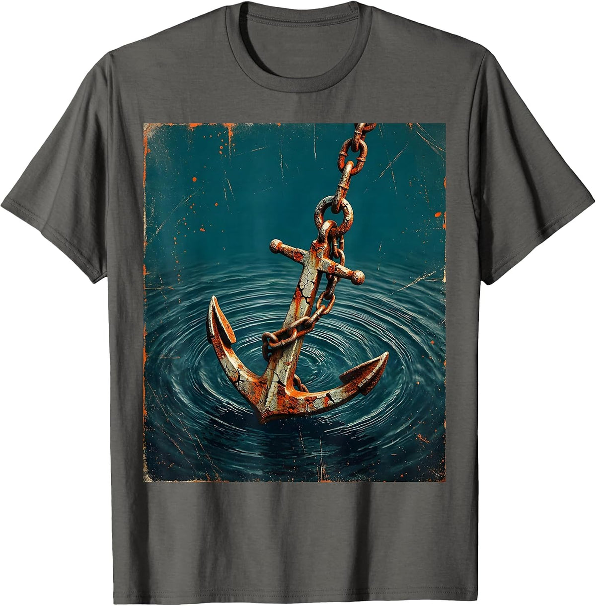 Men's Rowboat Anchor Ocean Depths Fishing Illustration T-Shirt - Asphalt Grey