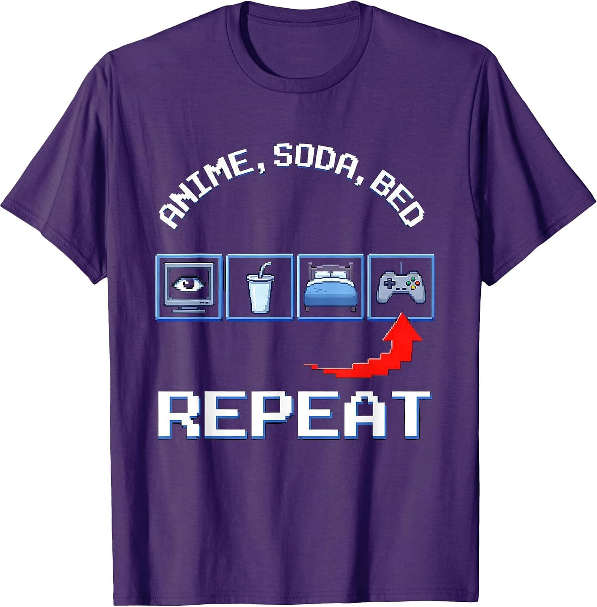 Anime Soda Bed Repeat Kawaii Otaku Manga Gamer Humor T-Shirt - Purple
