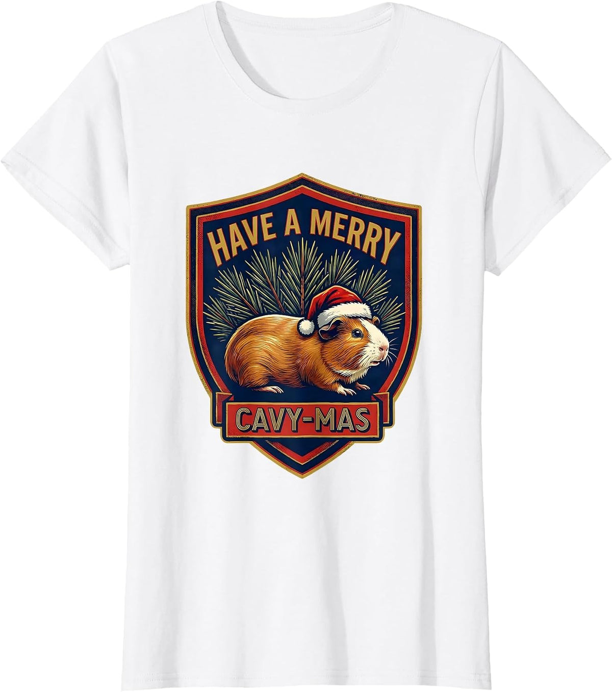 Women's Have A Merry Cavy-mas Funny Guinea Pig Christmas Santa Hat T-Shirt - White
