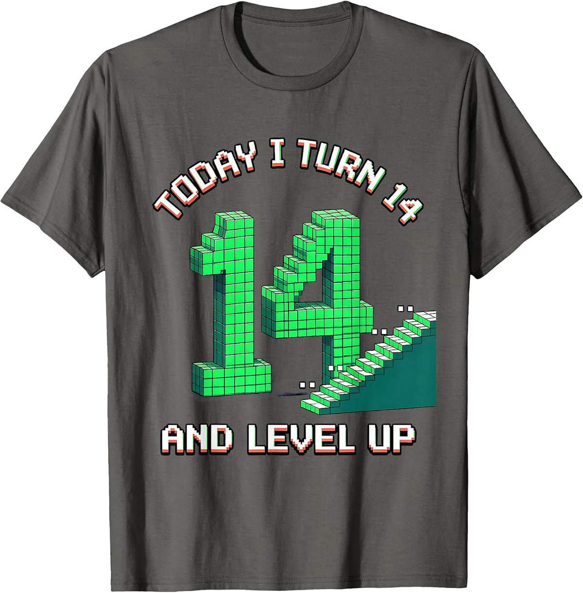 Men's Today I Turn 14 And Level Up Pixel Art Gamer Birthday T-Shirt - Asphalt Grey