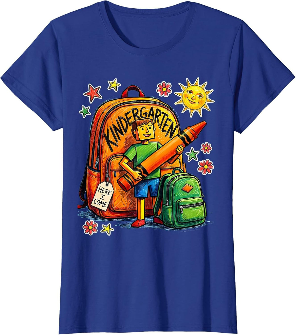 Women's Kindergarten, Here I Come Naive Kidcore Teacher Back to T-Shirt - Royal Blue
