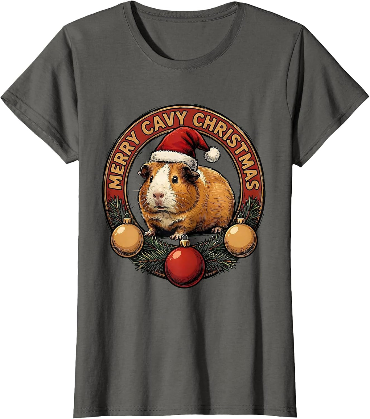 Women's Merry Cavy Christmas Funny Guinea Pig Santa Hat Holiday T-Shirt - Asphalt Grey