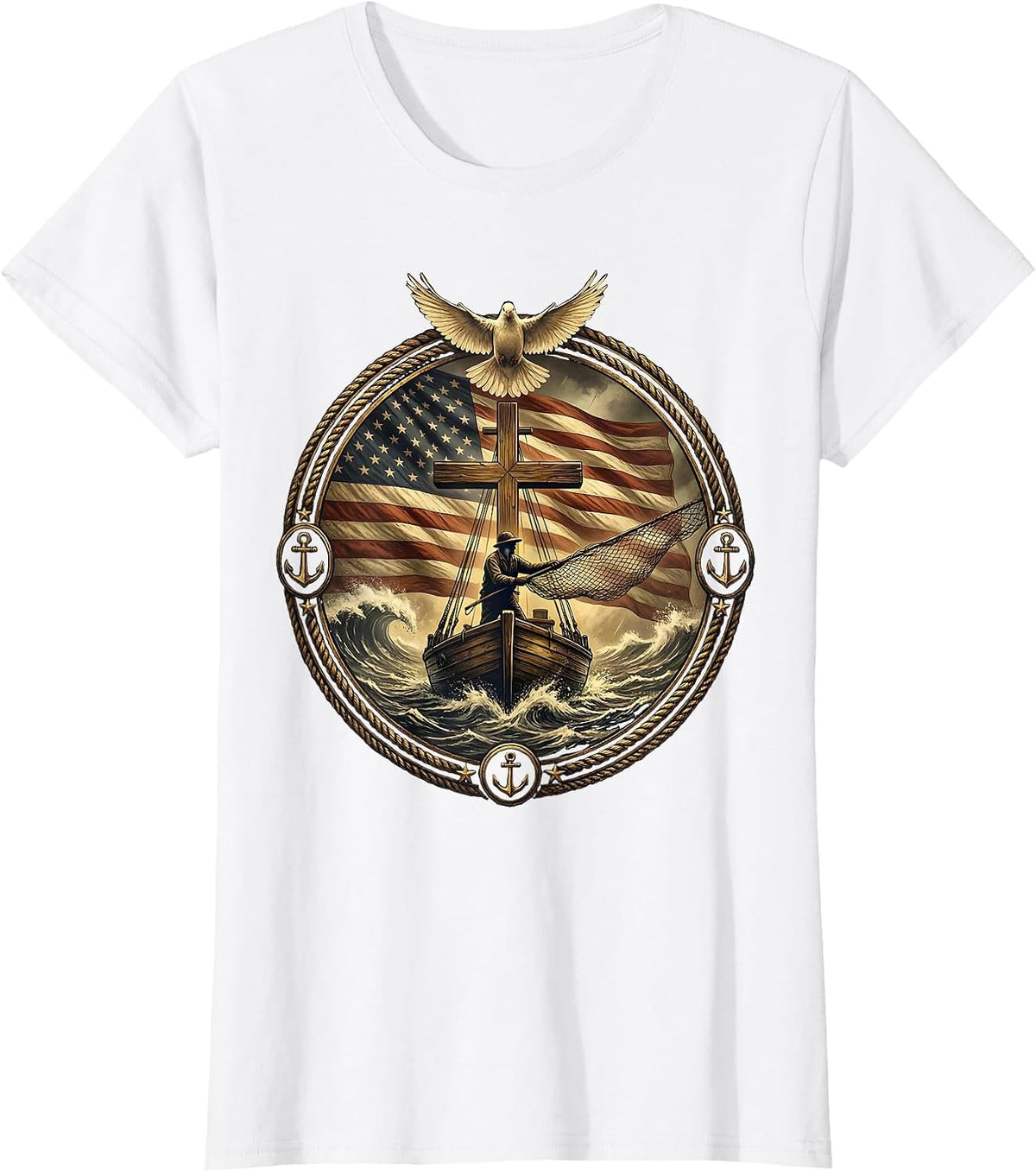 Deep Sea Fisherman Storm Casting Graphic T-Shirt - White