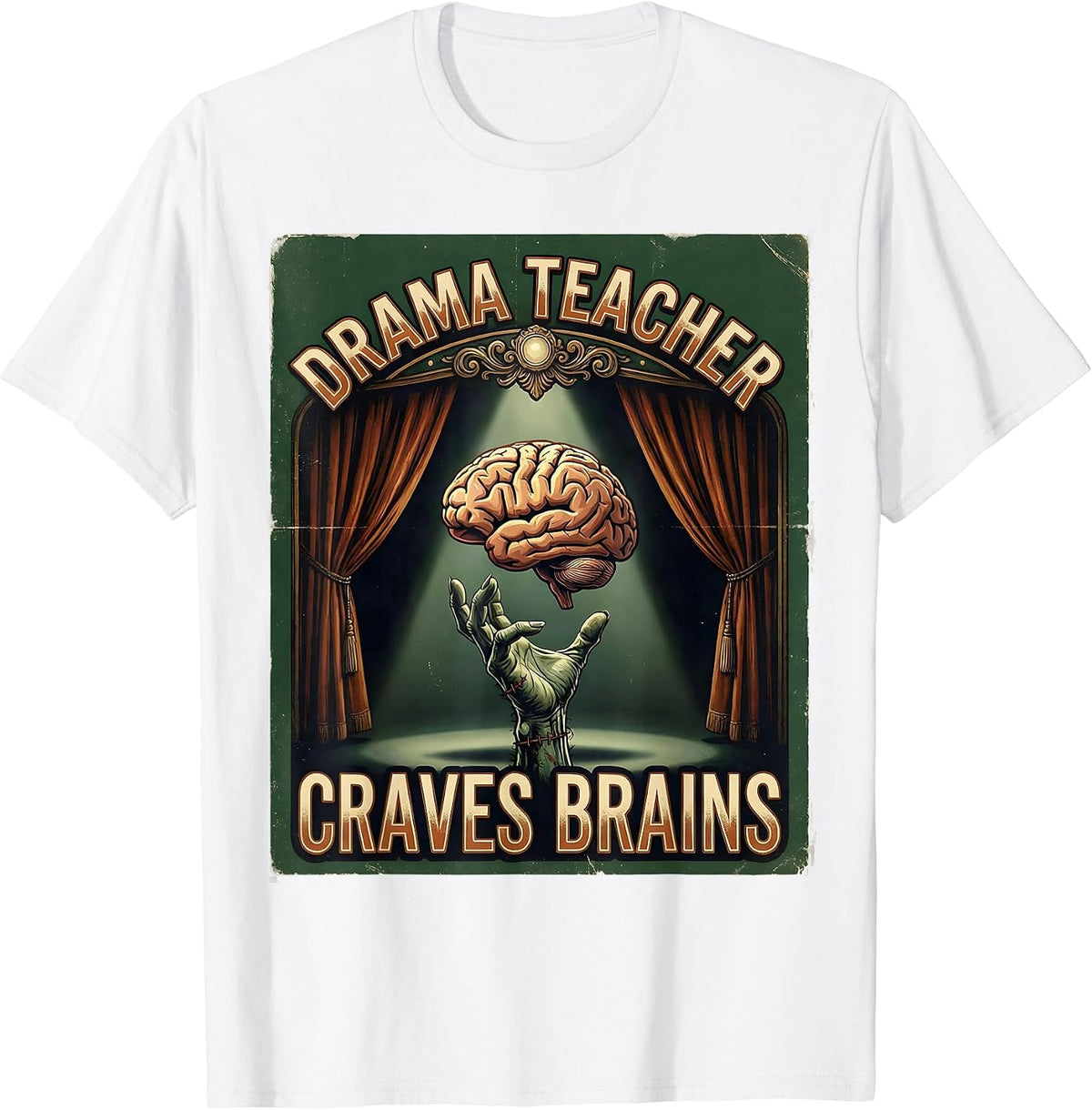 Men's Drama Teacher Craves Brains Vintage Halloween Teacher Zombie T-Shirt - White