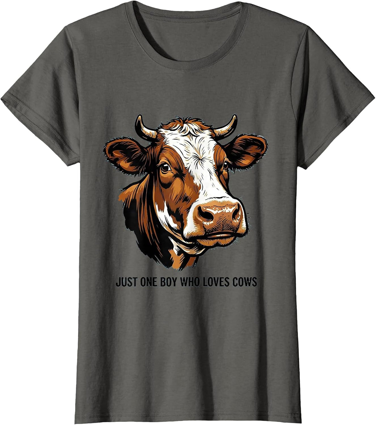 Women's Just One Boy Who Loves Cows Cartoon Farm Kid Humor T-Shirt - Asphalt Grey