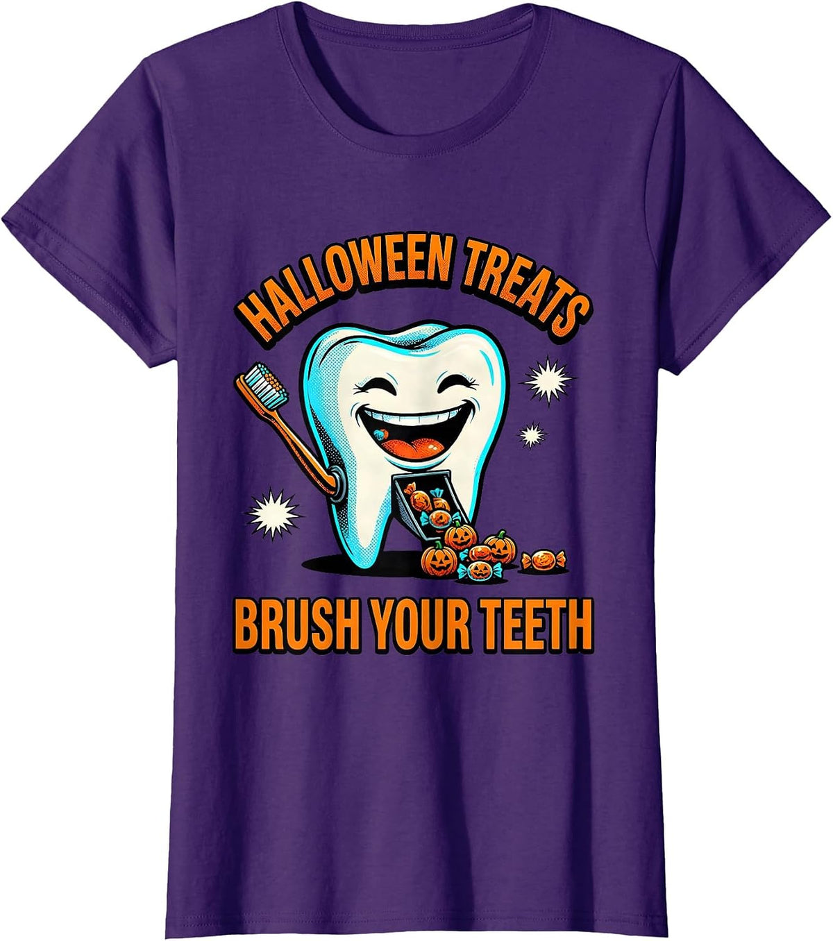 Women's Halloween Treats Brush Your Teeth Pop Art Dental Humor T-Shirt - Purple