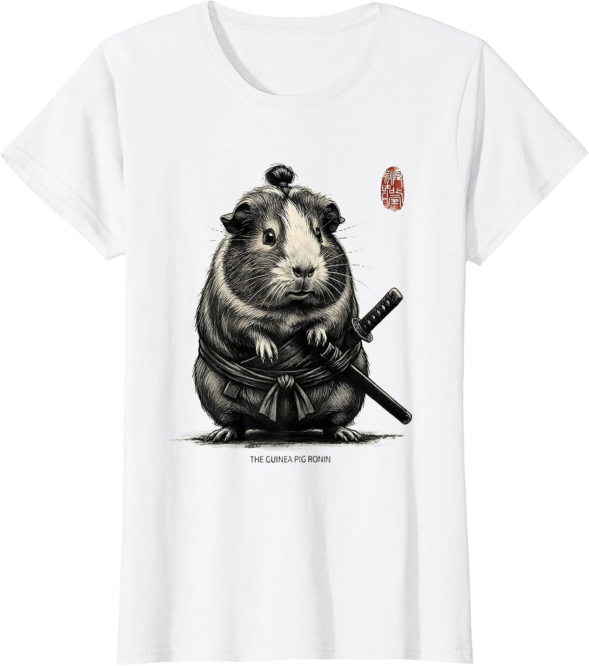 Women's The Guinea Pig Ronin Monochromatic Japanese Art Animal Humor T-Shirt - White