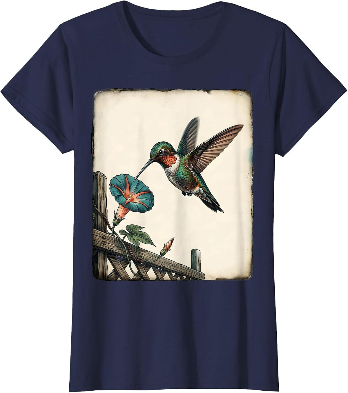 Women's Hovering Hummingbird Vintage Birdwatcher Nature Art T-Shirt - Navy Blue