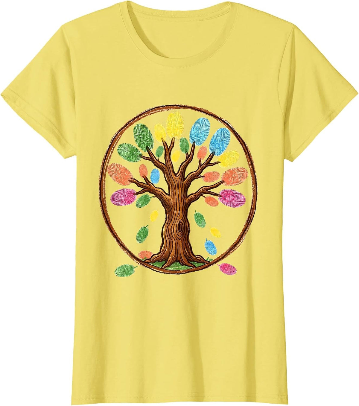 Women's Kindergarten Teacher Fingerprint Tree Colorful Art T-Shirt - Lemon Yellow