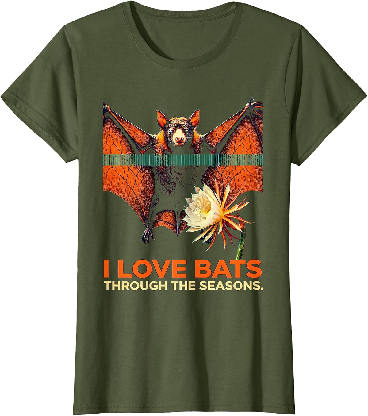Women's I Love Bats Through The Seasons Vintage Bat Lover Halloween T-Shirt - Olive Green
