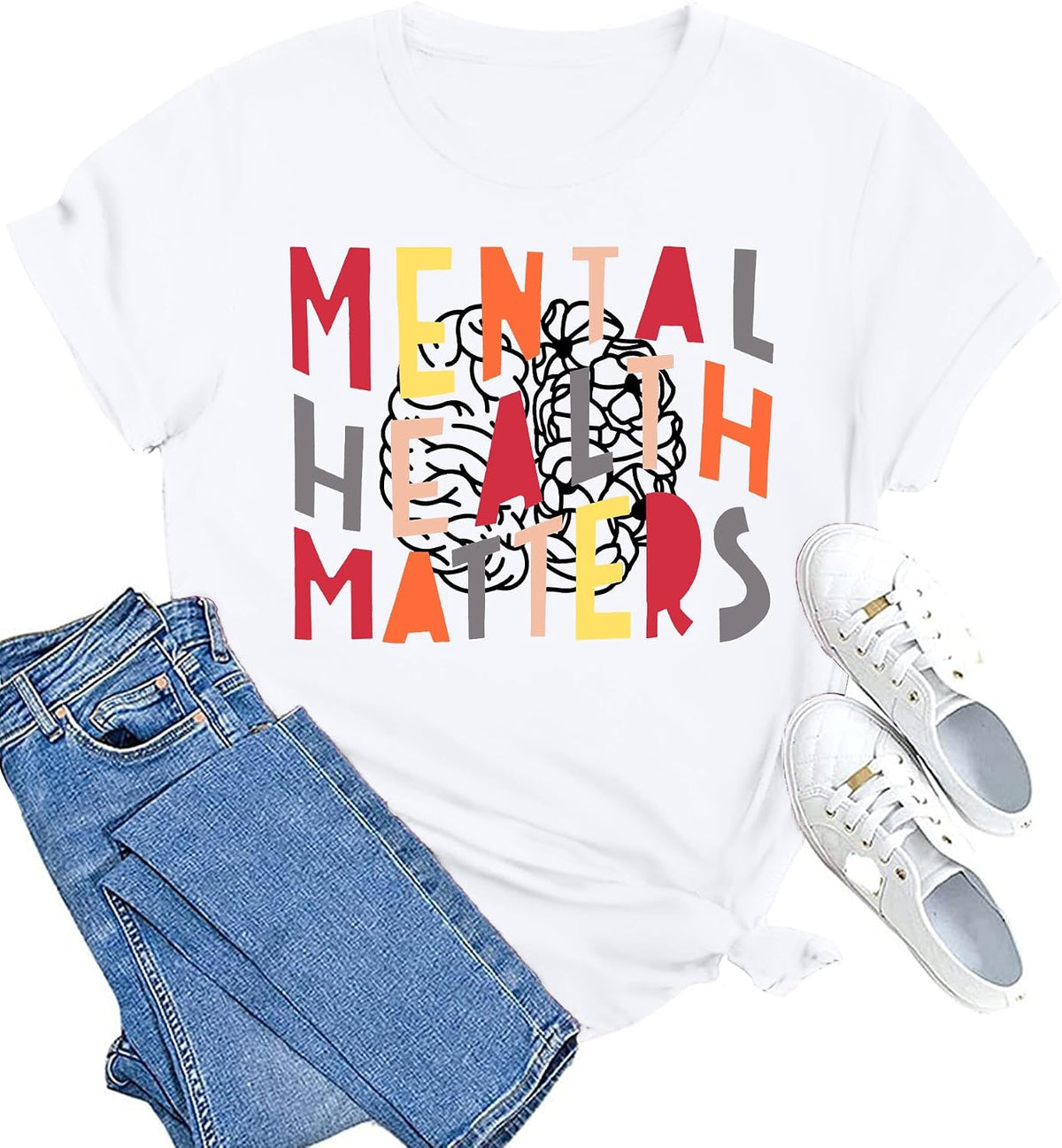 Mental Health Matters Shirt Womens Therapist Psychologist Tshirt Human Brain Illness Awareness Short Sleeve - White