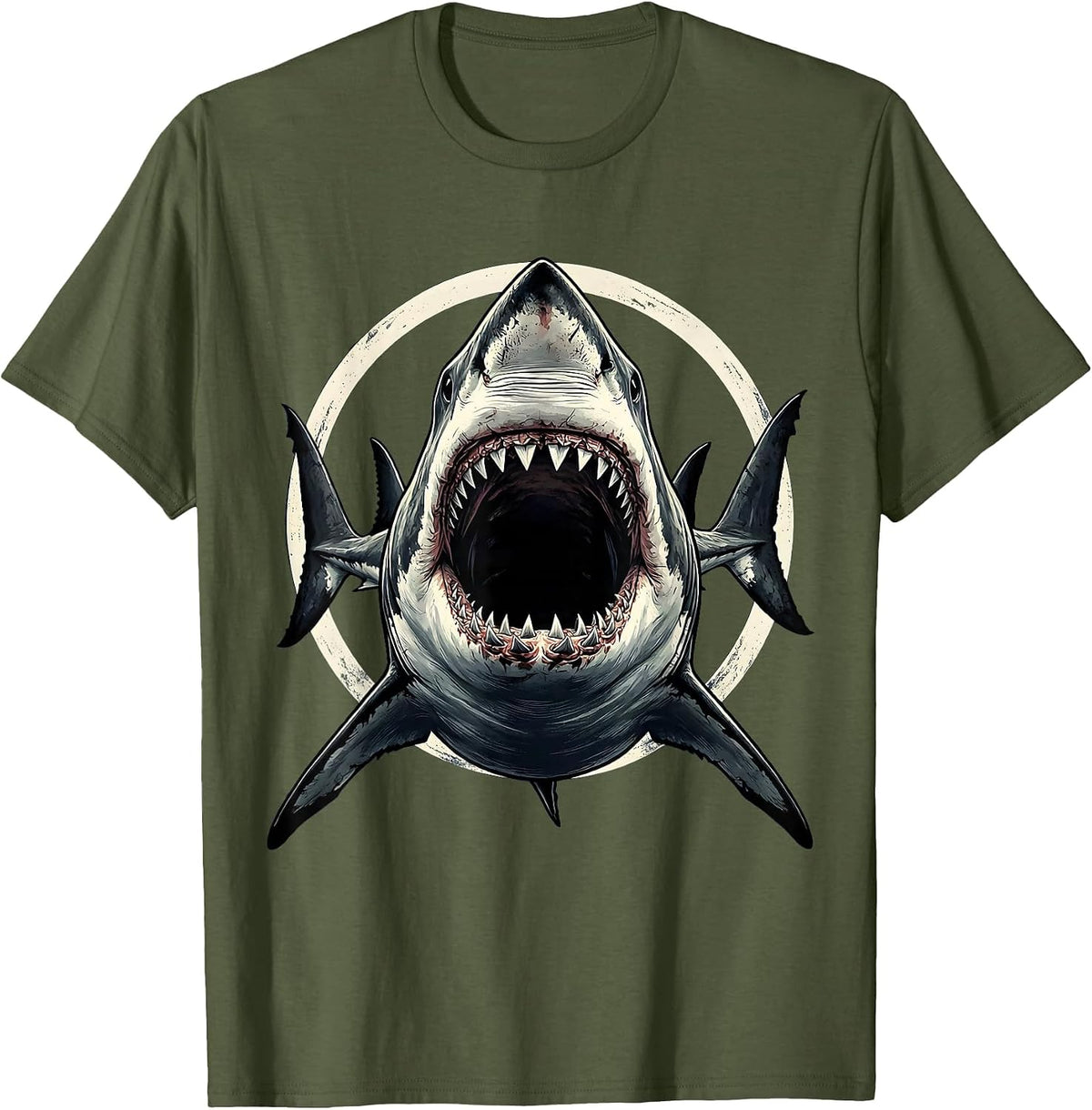 Men's Vintage Shark Jaw Attack Graphic Tee T-Shirt - Olive Green