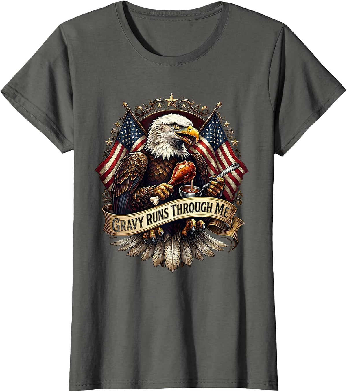 Women's Gravy Runs Through Me Thanksgiving Design T-Shirt - Asphalt Grey