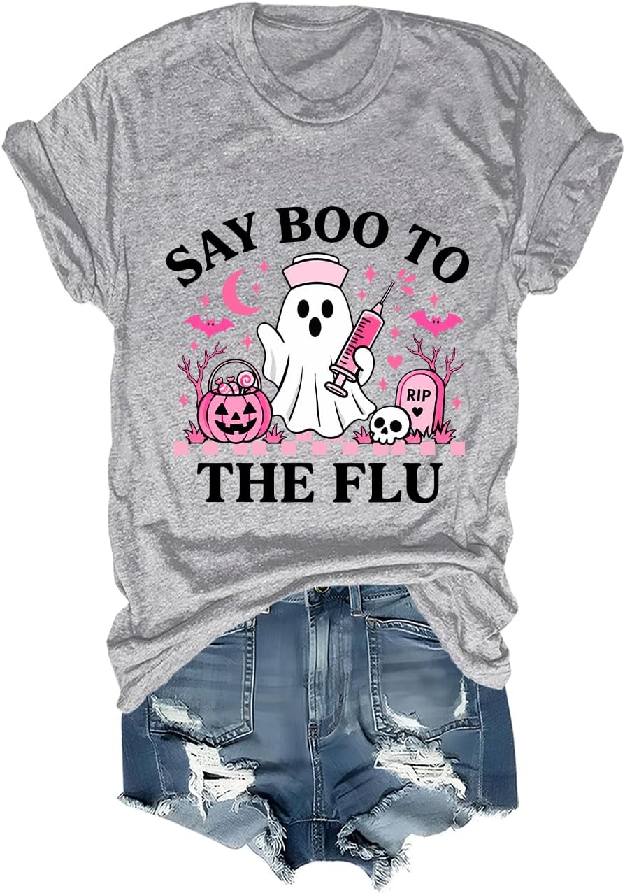 Say Boo to The Flu Shirt Funny Nurse Ghost Halloween T-Shirt Unisex - Grey