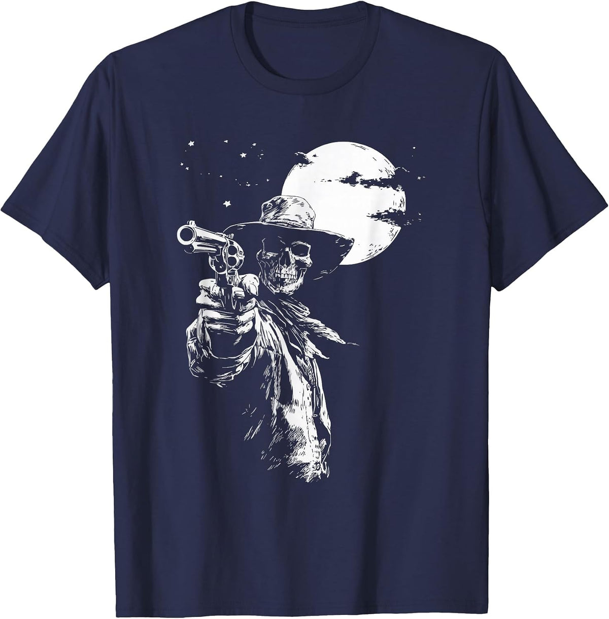 Skeleton Cowboy Gunslinger Moon Goth Outlaw Western Gothic T-Shirt - Navy Blue