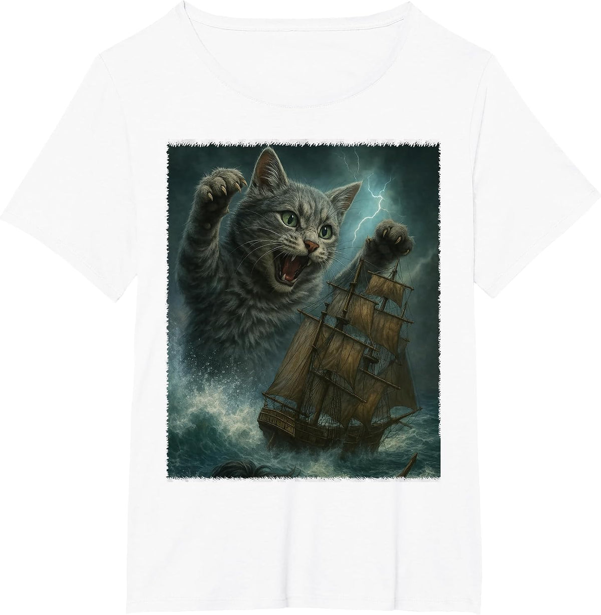 Giant Cat as Kraken Sea Monster Attack Pirate Ship in Ocean T-Shirt - White
