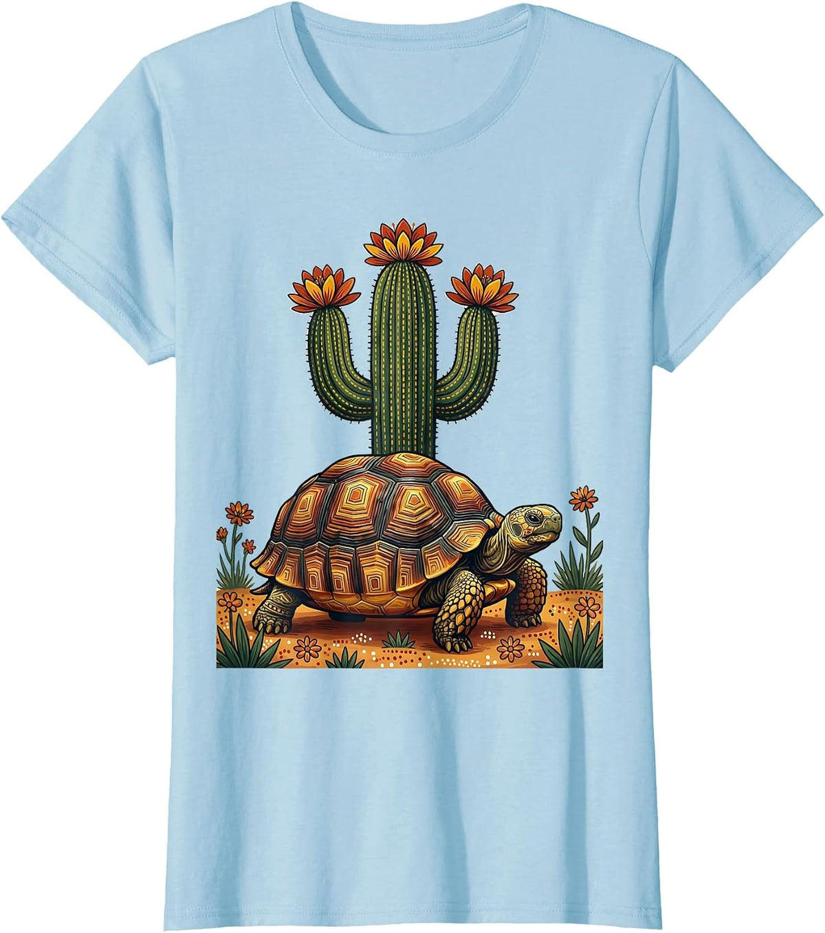 Desert Tortoise and Blooming Cactus Western Art T-Shirt - Baby Blue