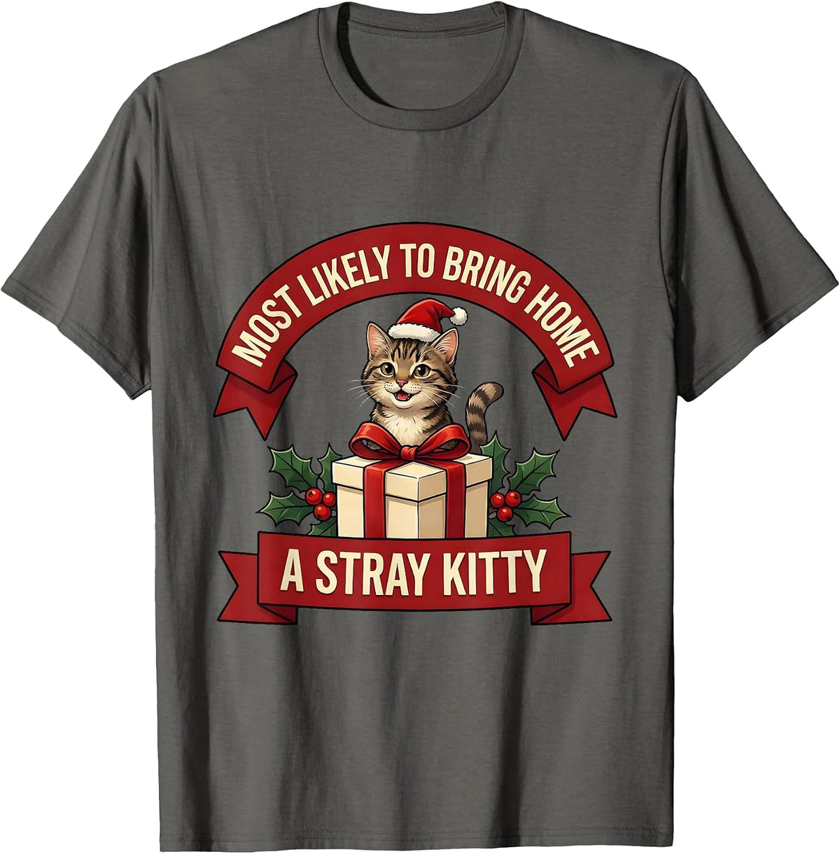 Most Likely To Bring Home A Stray Kitty Cat Lover Christmas T-Shirt - Asphalt Grey