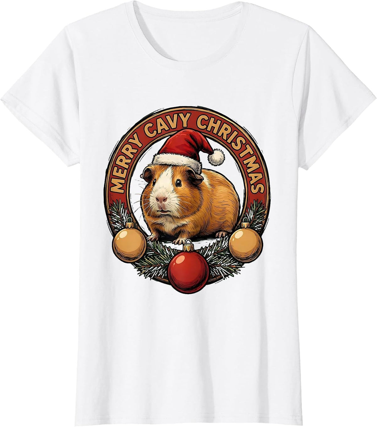 Women's Merry Cavy Christmas Funny Guinea Pig Santa Hat Holiday T-Shirt - White