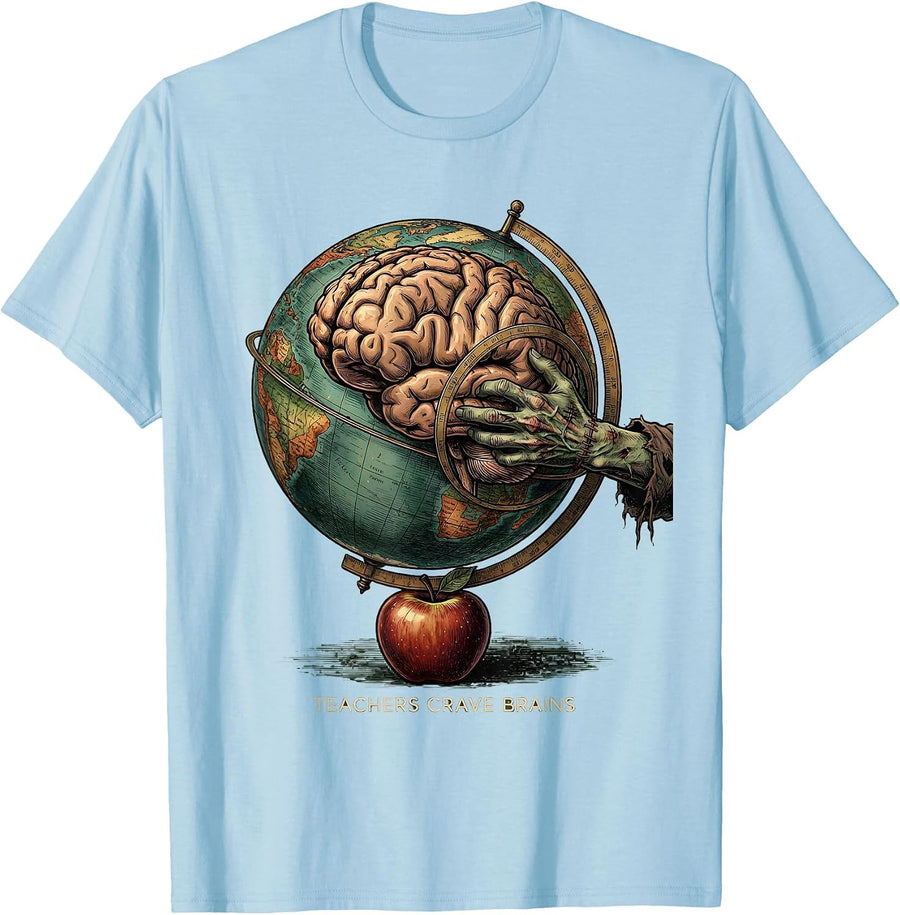 Men's Teachers Crave Brains Vintage Funny Zombie Teacher Halloween T-Shirt - Baby Blue