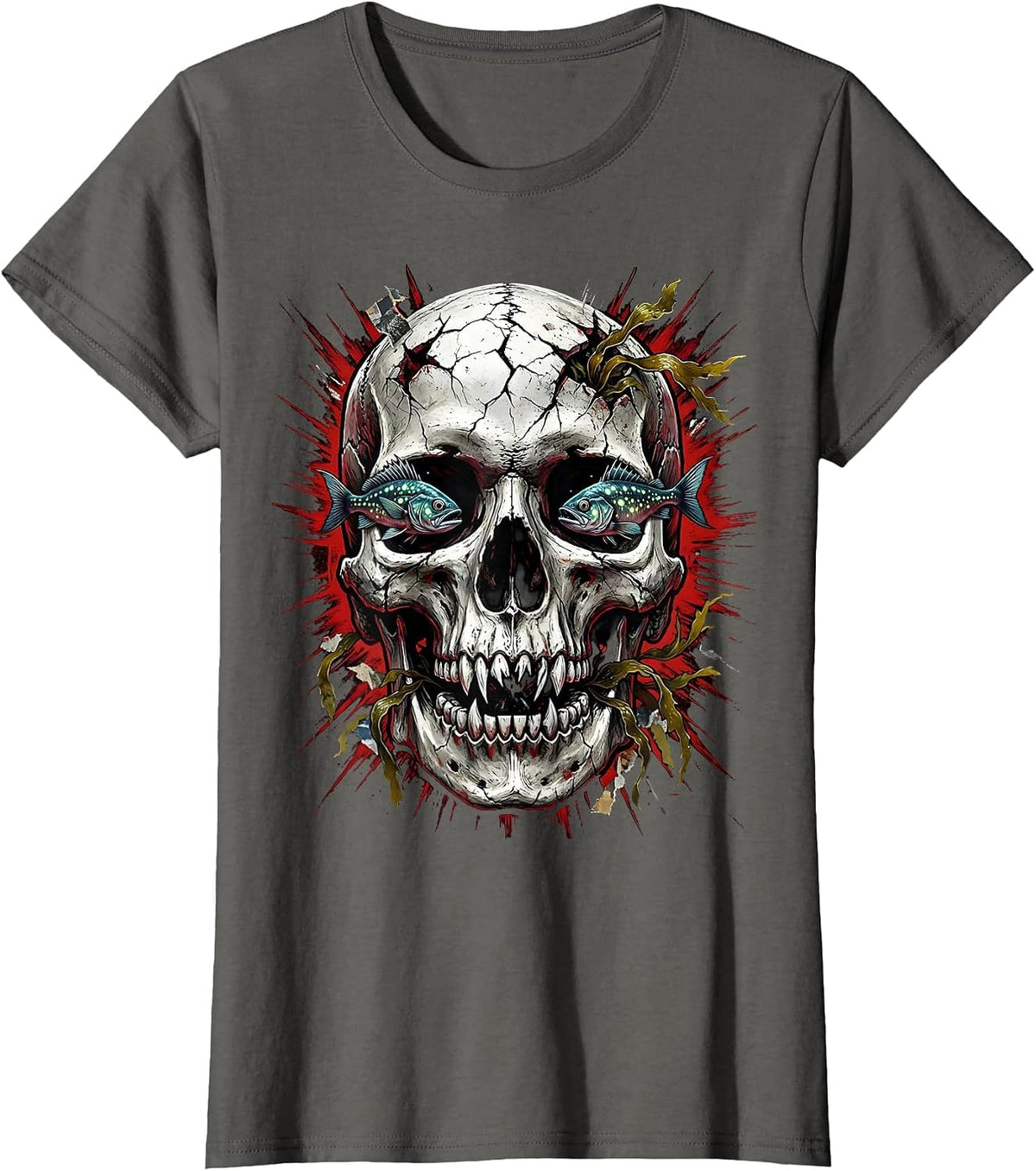 Women's Deep Ocean Skull Halloween Graphic Tee T-Shirt - Asphalt Grey