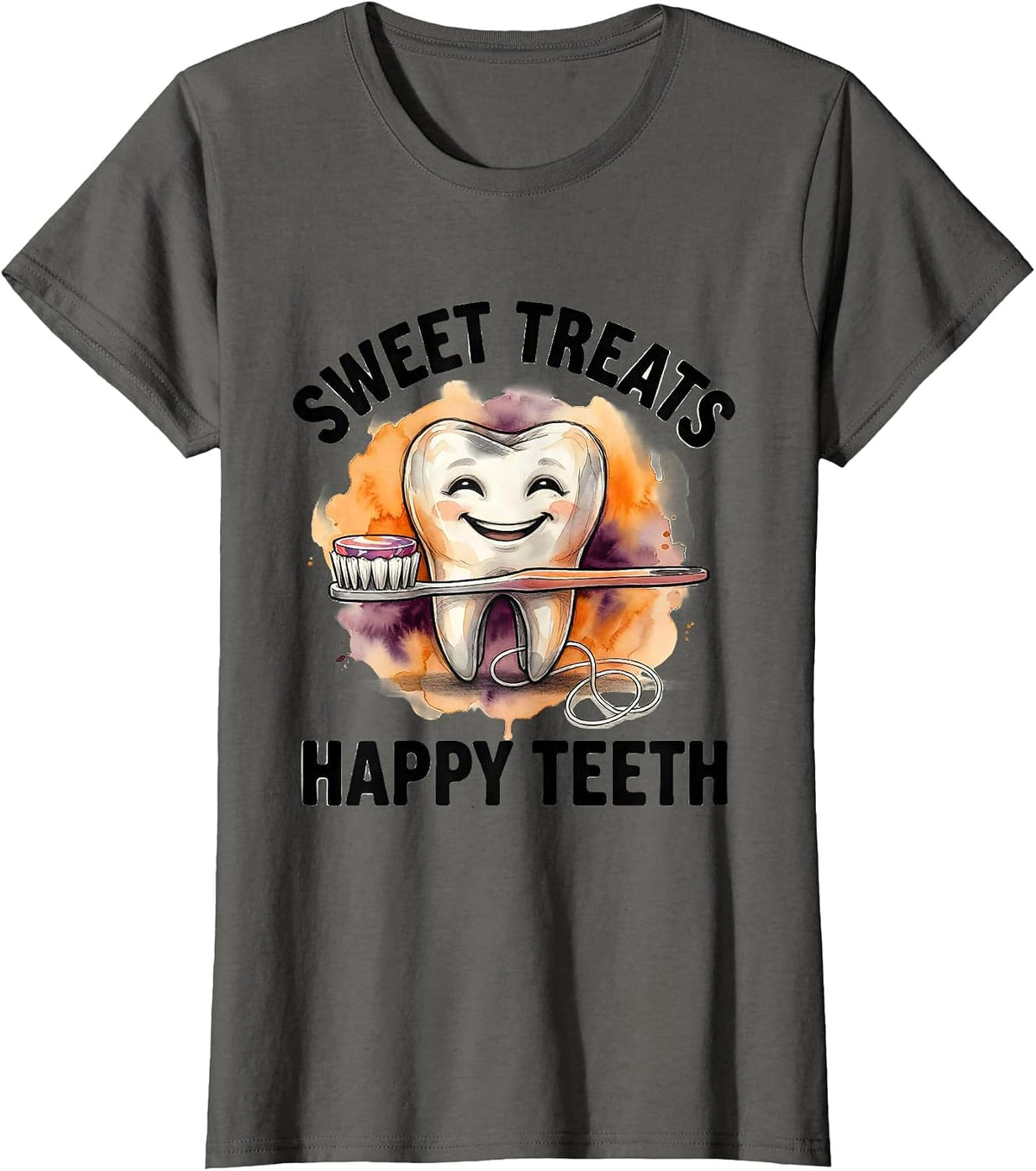 Women's Sweet Treats Happy Teeth Watercolor Dental Humor Halloween T-Shirt - Asphalt Grey