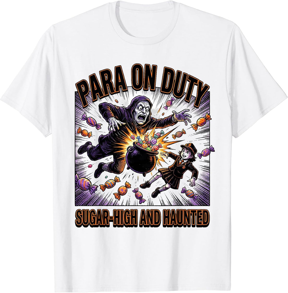 Men's Para On Duty Sugar-High And Haunted Comic Ghost Para Normal T-Shirt - White