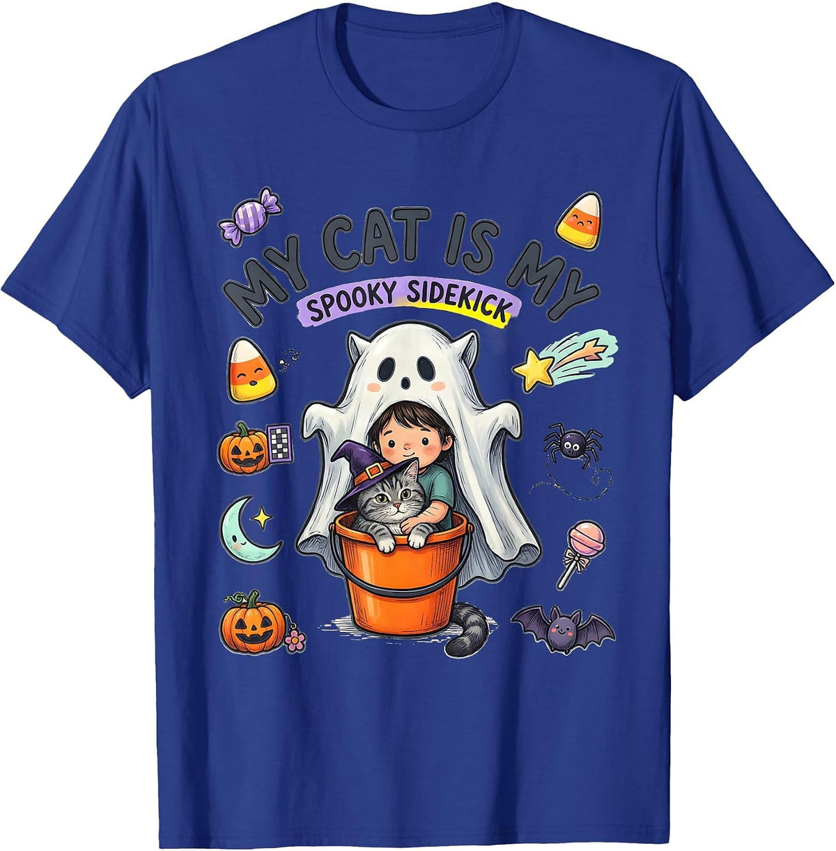 My Cat Is My Spooky Sidekick Kawaii Halloween Cat Lover Gift T-Shirt - Royal Blue