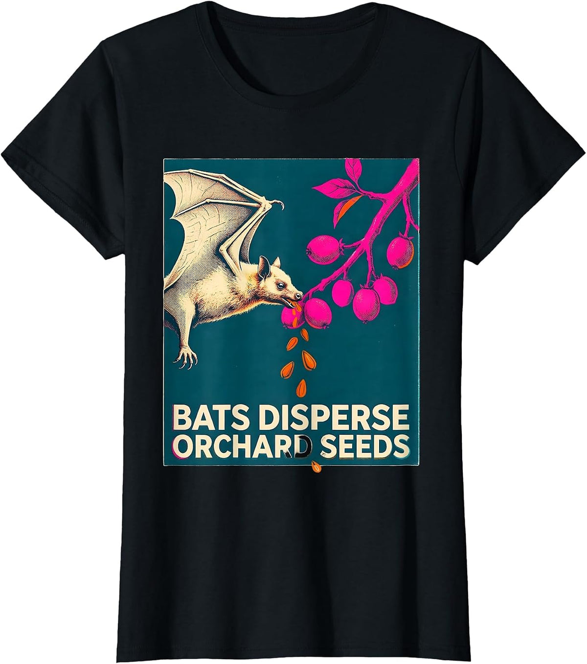 Women's Bats Disperse Orchard Seeds Risograph Bat Lover Nature T-Shirt - Black