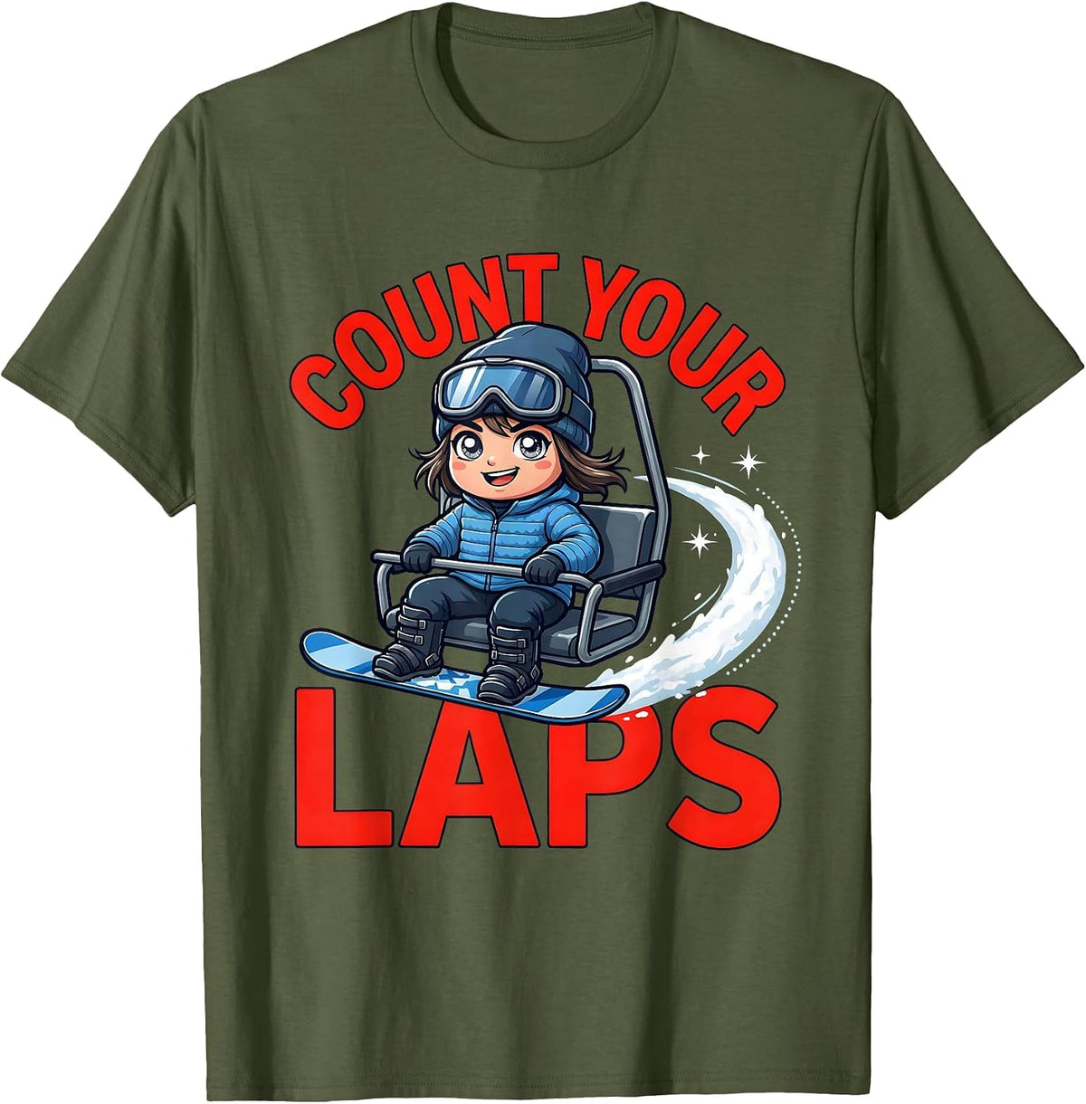Men's COUNT YOUR LAPS Funny Snowboarder Ski Trip T-Shirt - Olive Green