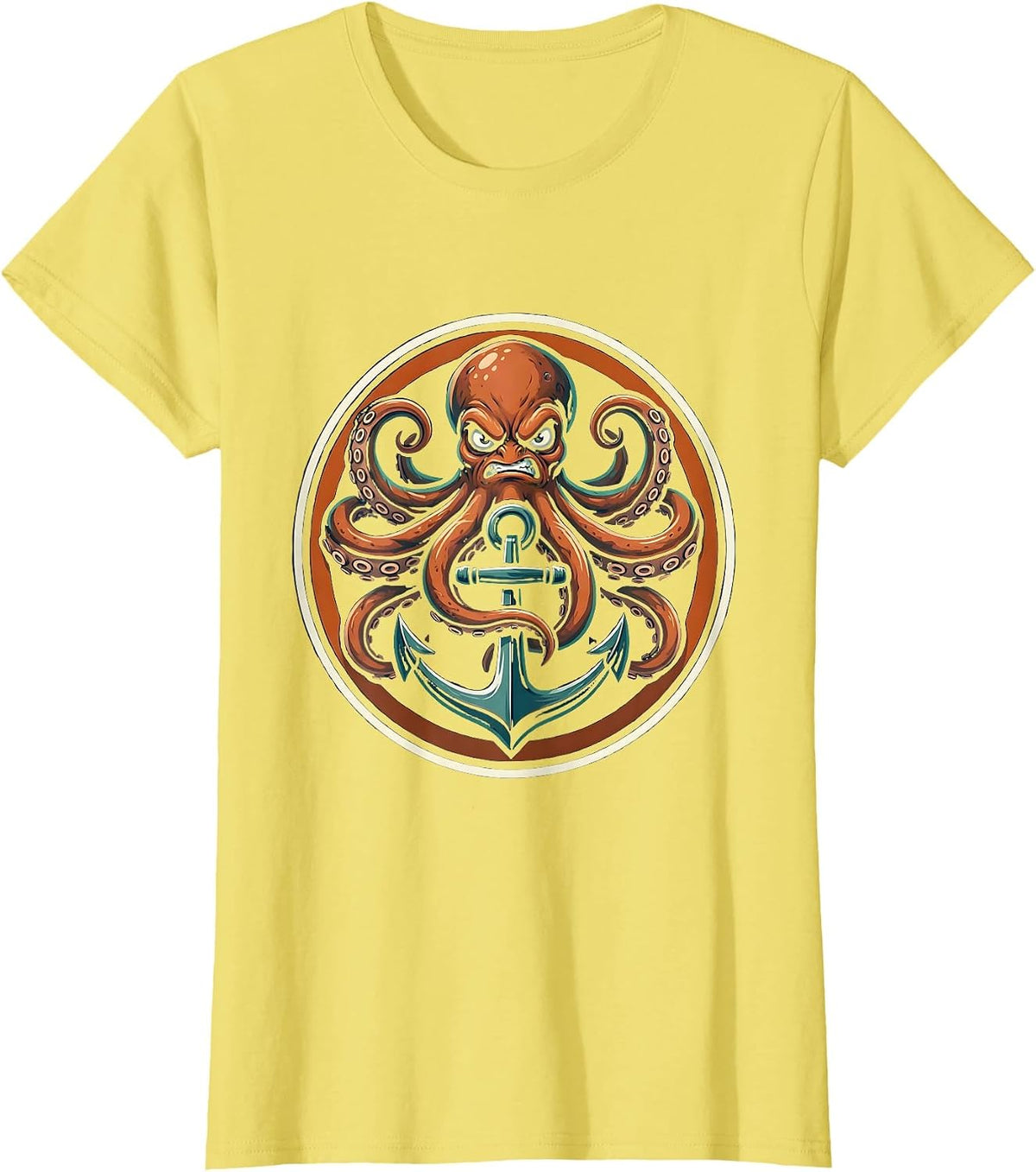 Octopus Tentacles Wrapped Around Anchor Design T-Shirt - Lemon Yellow