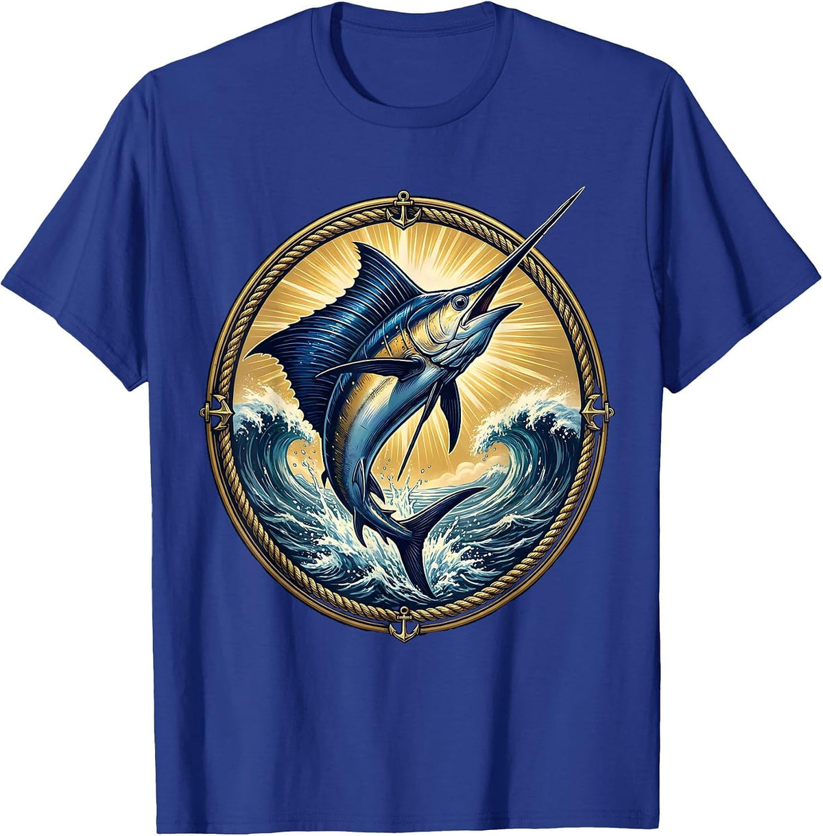 Marlin Leaping Ocean Hawaiian Graphic Design T-Shirt - Royal Blue
