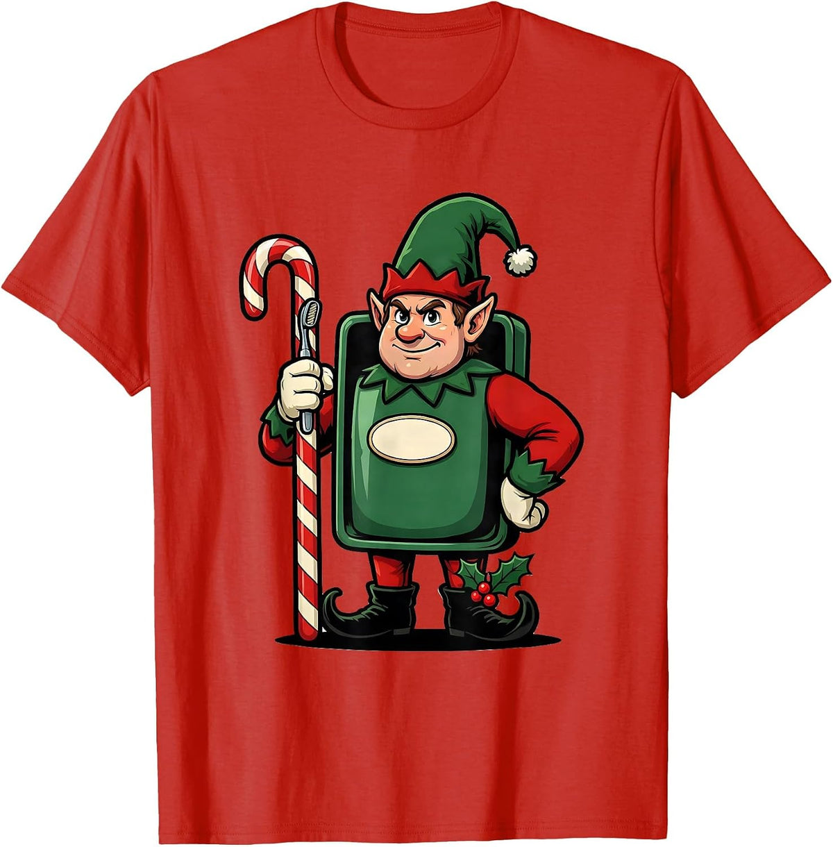 Men's Elf Dental Guard Cartoon Dentist Christmas Humor T-Shirt - Red
