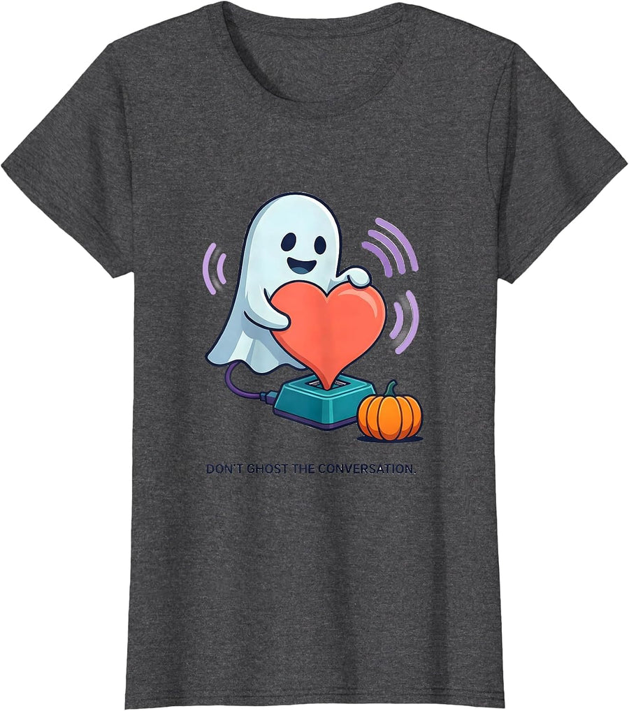 Women's Don't Ghost the Conversation Halloween Mental Health T-Shirt - Dark Heather Grey
