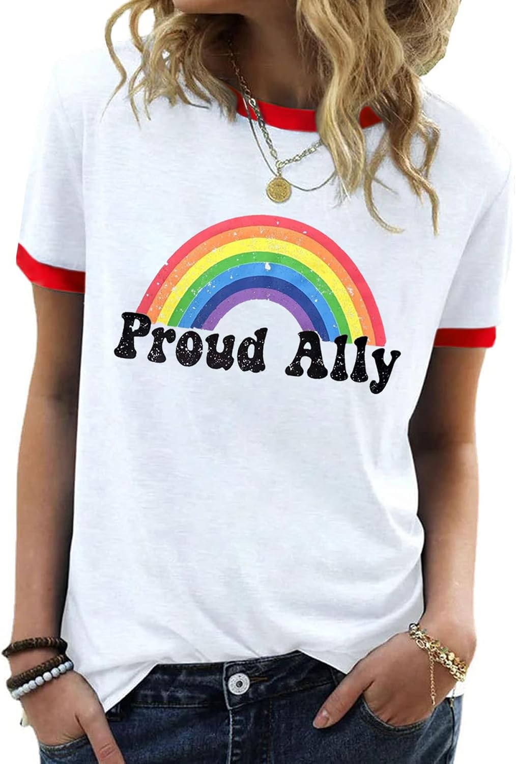 Pride Shirts for Women LGBTQ Rainbow Graphic T-Shirt Ringer Tee - White#05