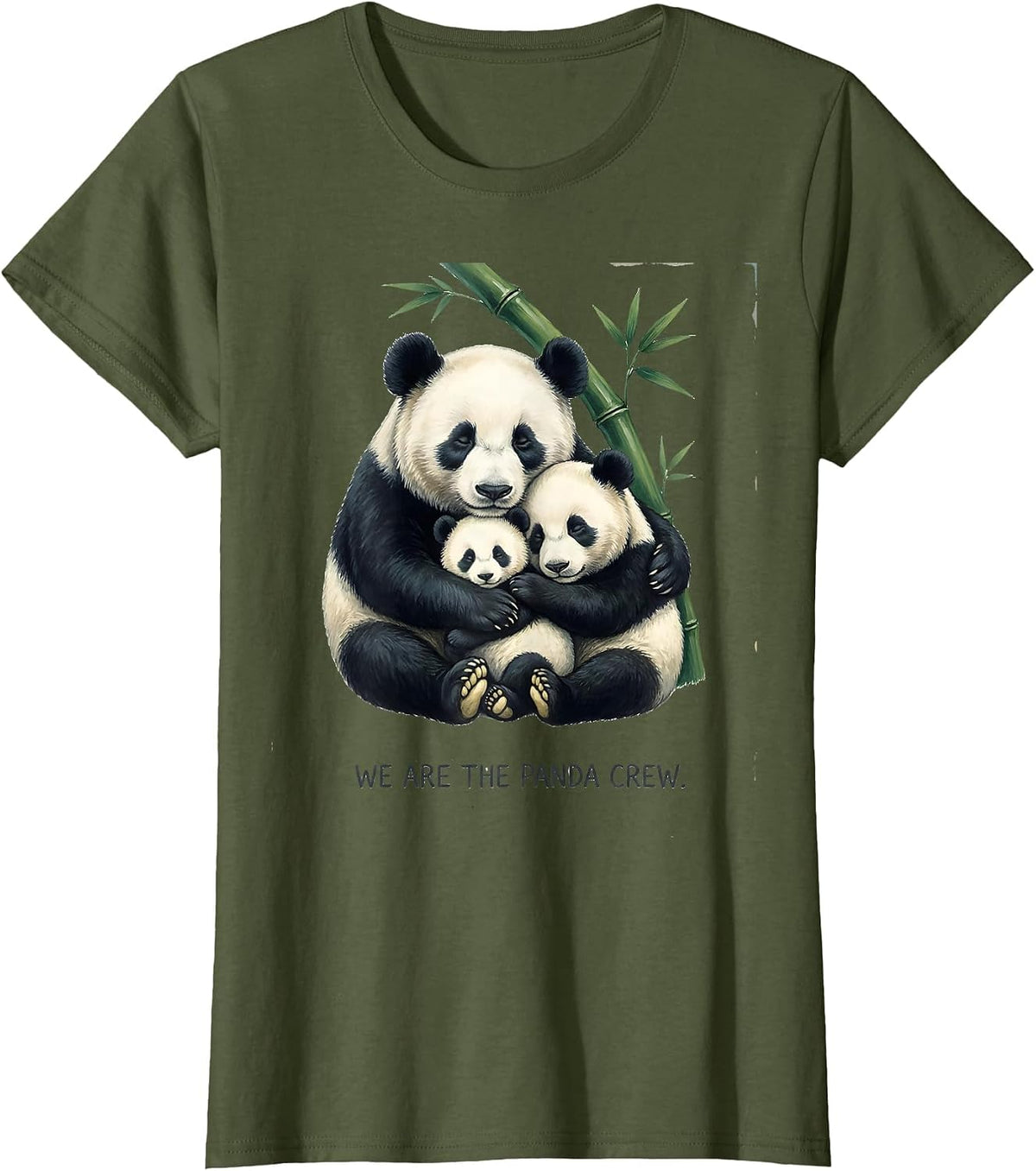 Women's We Are The Panda Crew Storybook Cute Panda Fan Humor T-Shirt - Olive Green