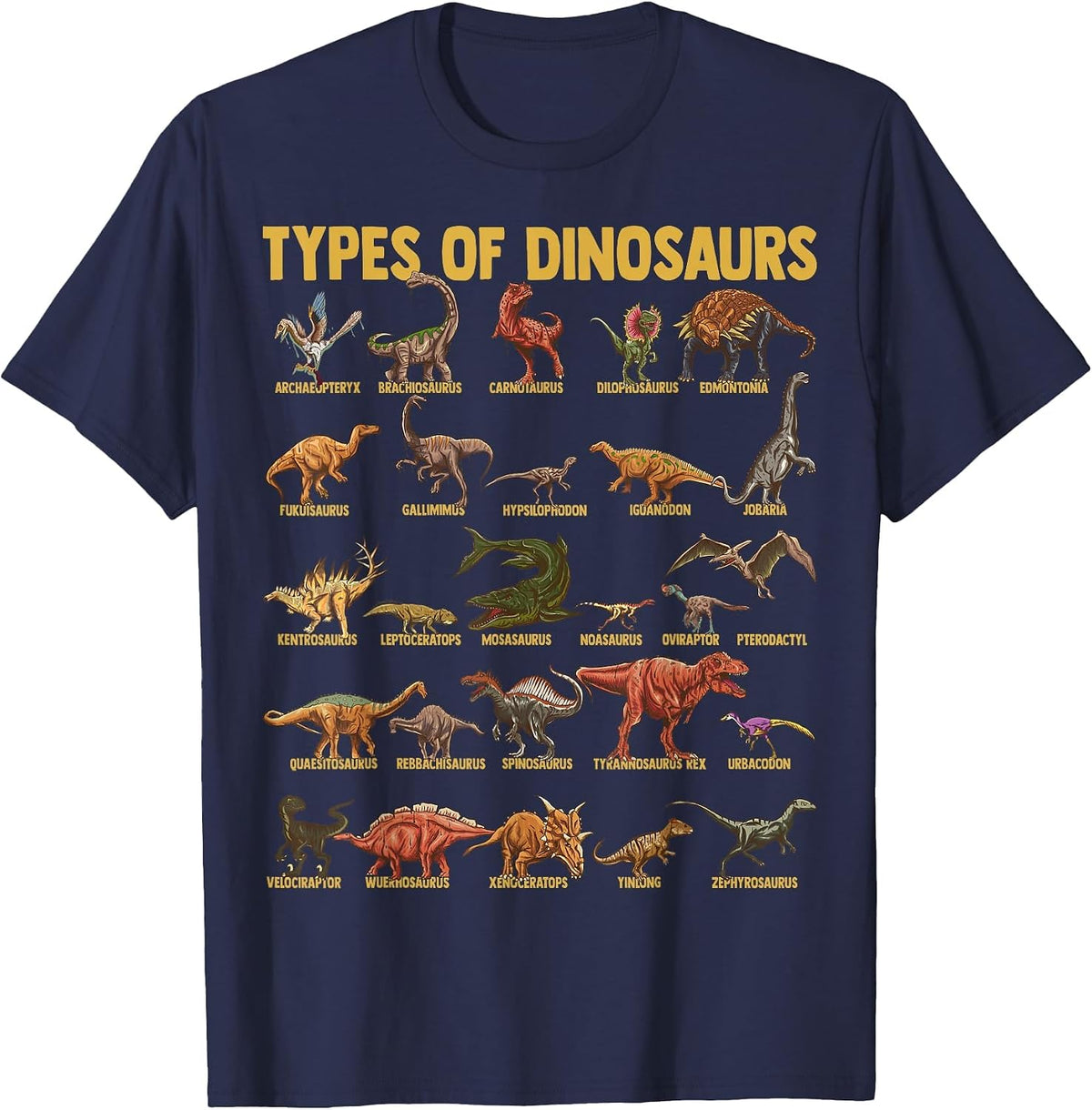 Types of Dinosaurs Dino Identification Chart with Names T-Shirt - Navy Blue