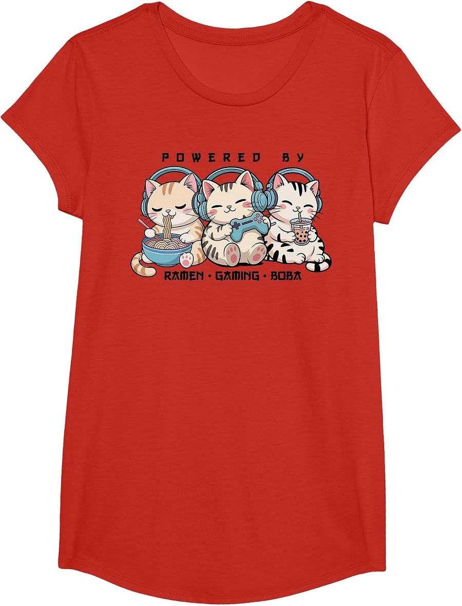 Gaming Cats Powered By Gaming & Rame Gamer Kawaii Cats T-Shirt - Girls Red