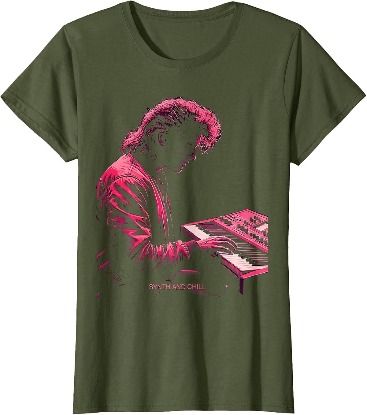 Synth and Chill Retro 80s Nostalgia Design T-Shirt - Olive Green