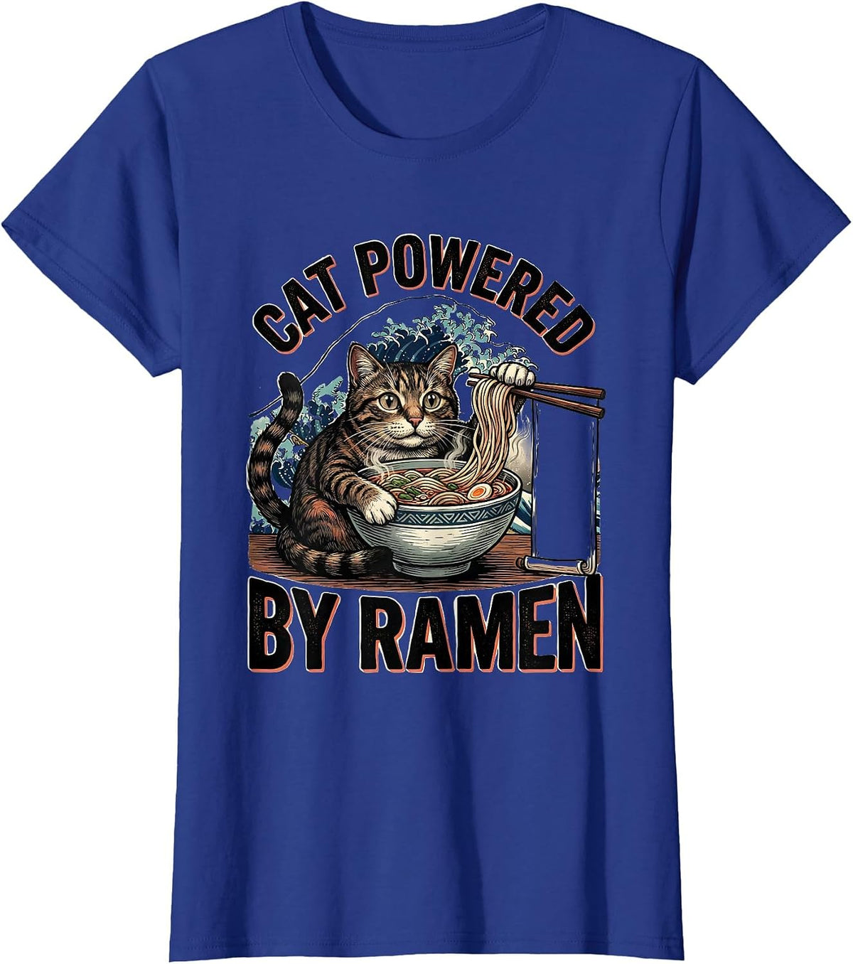 Women's Cat Powered By Ramen Funny Kawaii Anime Cat Gift T-Shirt - Royal Blue