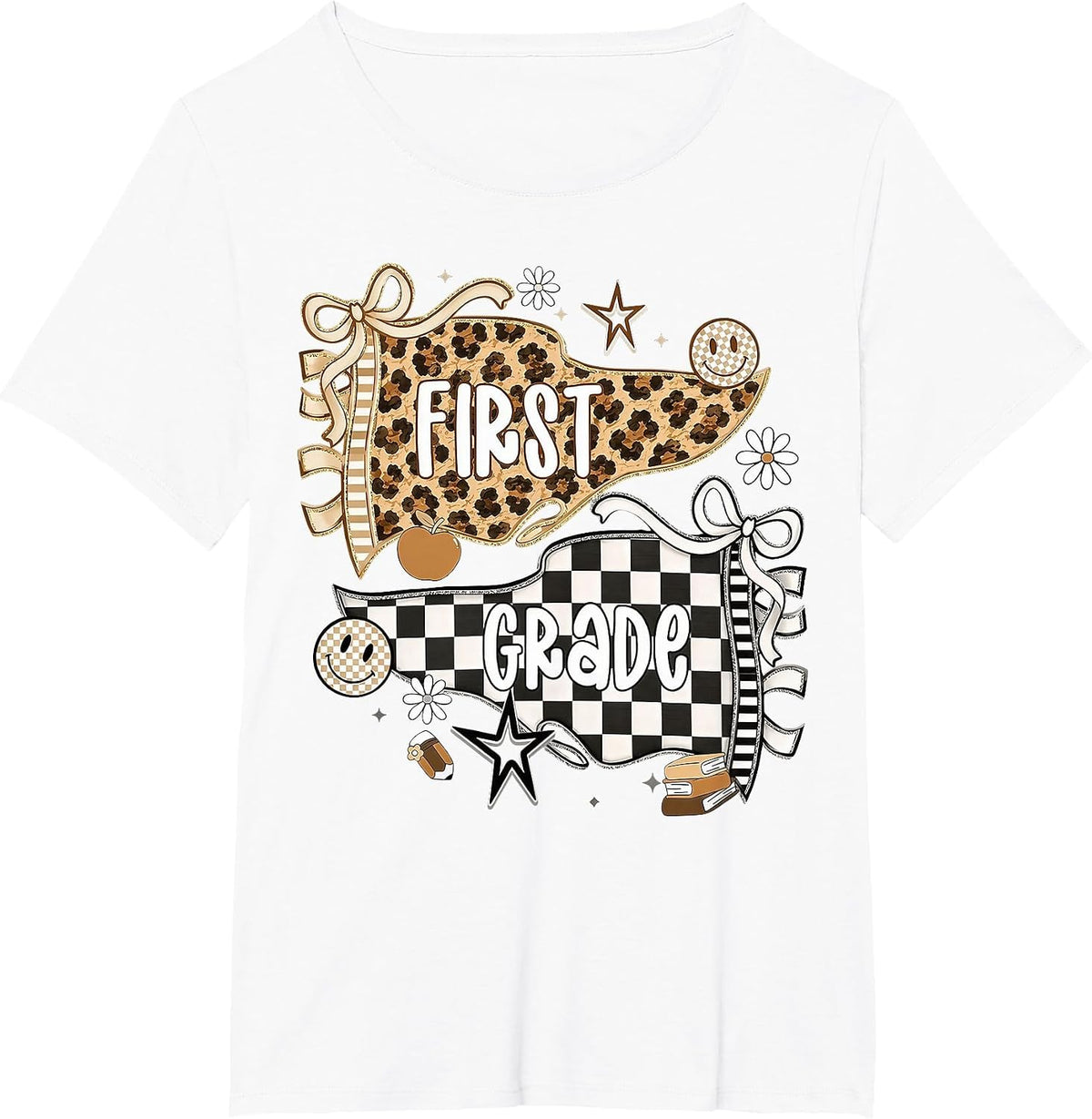 First Grade Leopard Teacher Pennant Flag Back to School T-Shirt - White
