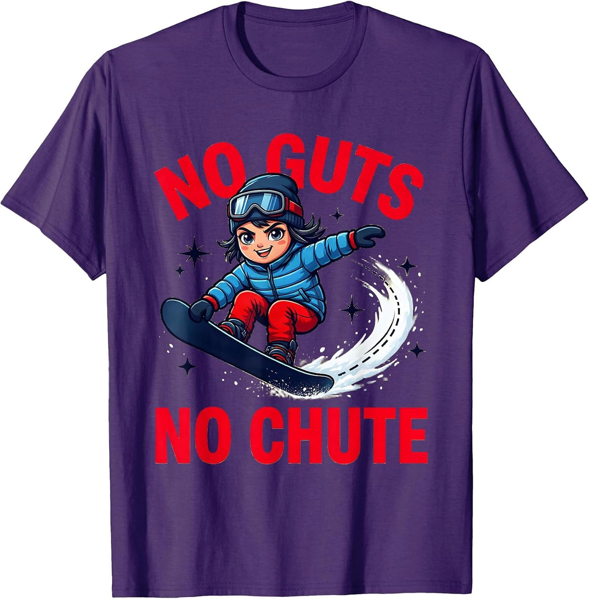 NO GUTS NO CHUTE Funny Snowboarder Snowboarding T-Shirt - Purple