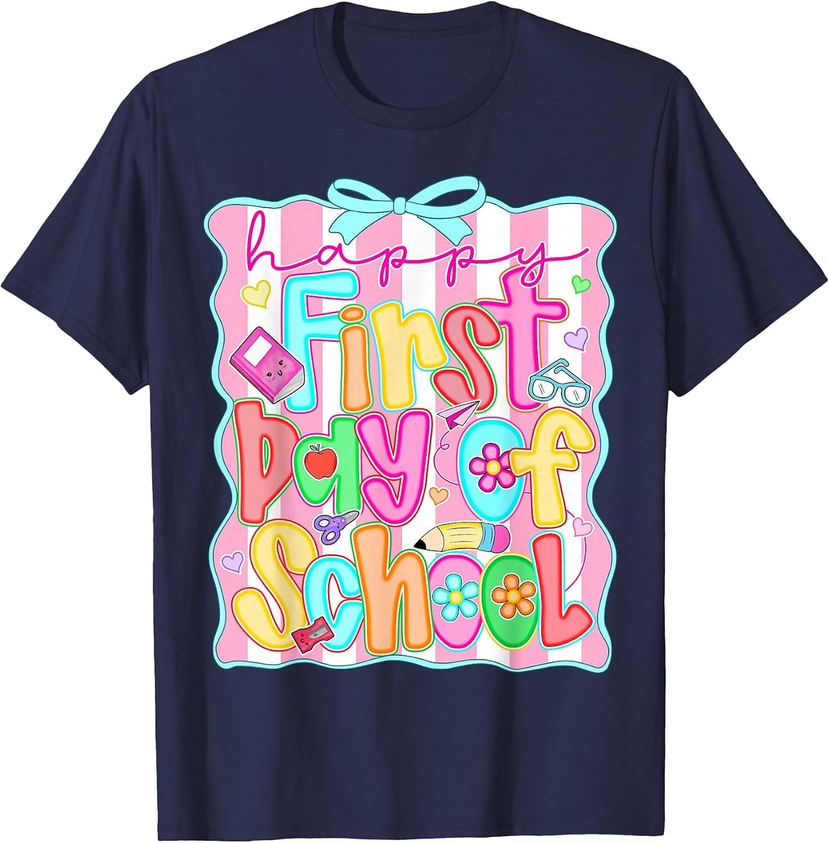 Happy First Day of School Preppy Back to School Teacher Girl T-Shirt - Navy Blue