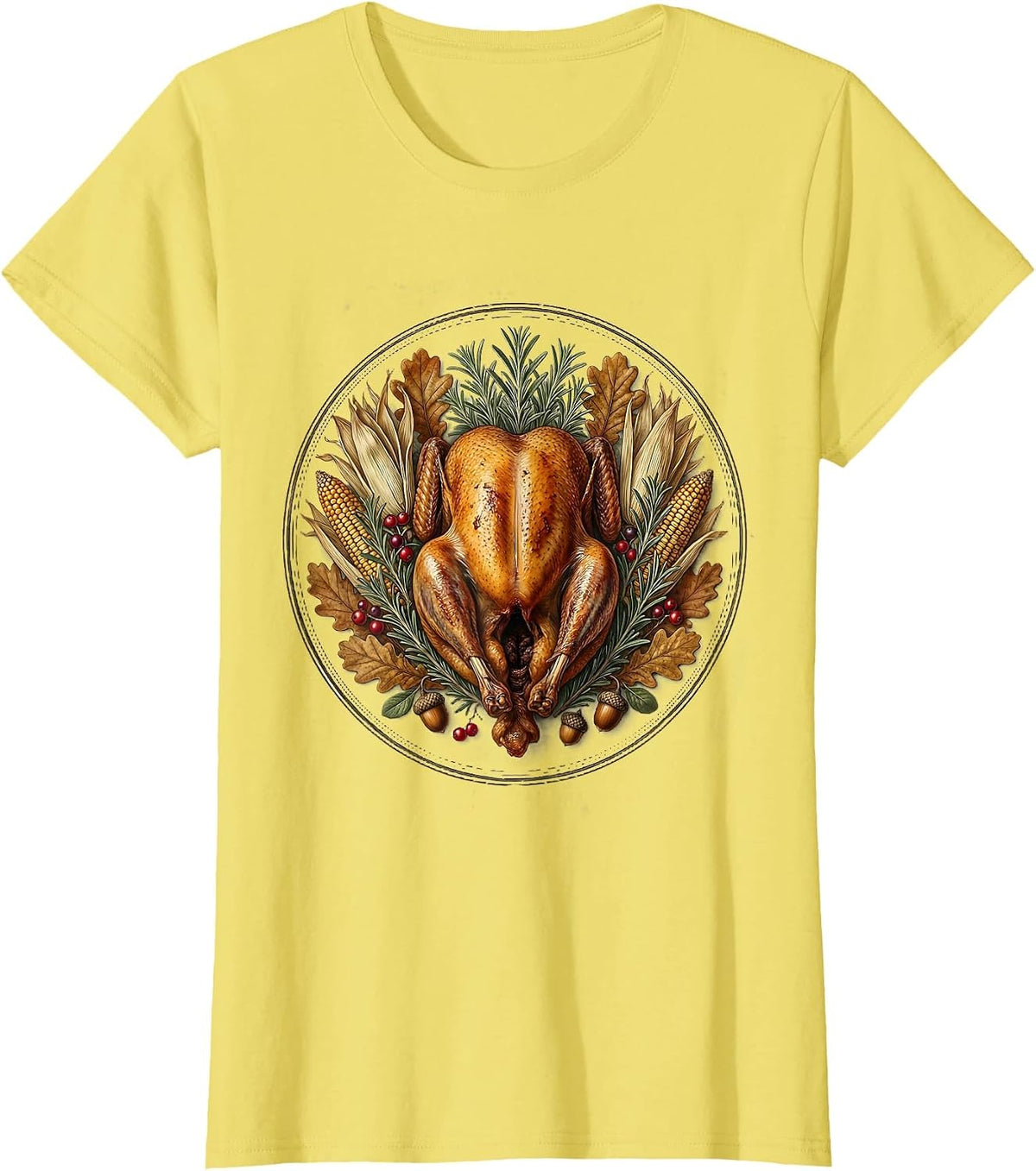 Women's Rustic Roasted Turkey Thanksgiving Illustration T-Shirt - Lemon Yellow